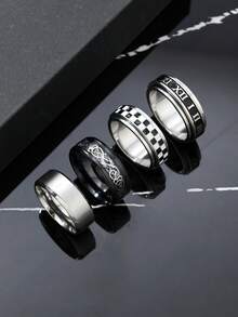 4pcs Fashionable Stainless Steel Men's Ring Set, Includes Roman Letter, Black & White Plaid, Dragon Texture, Matte Elements, Suitable For Men's Daily Wear, Holiday, Date, Engagement, Wedding Gift - Silver - View 2