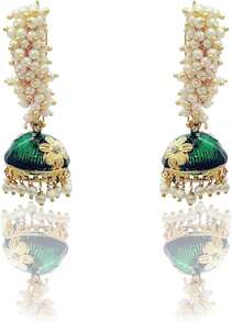 Moonstruck Golden Meenakari Jhumkas With White Pearls For Women (Green) - Colorb - View 1