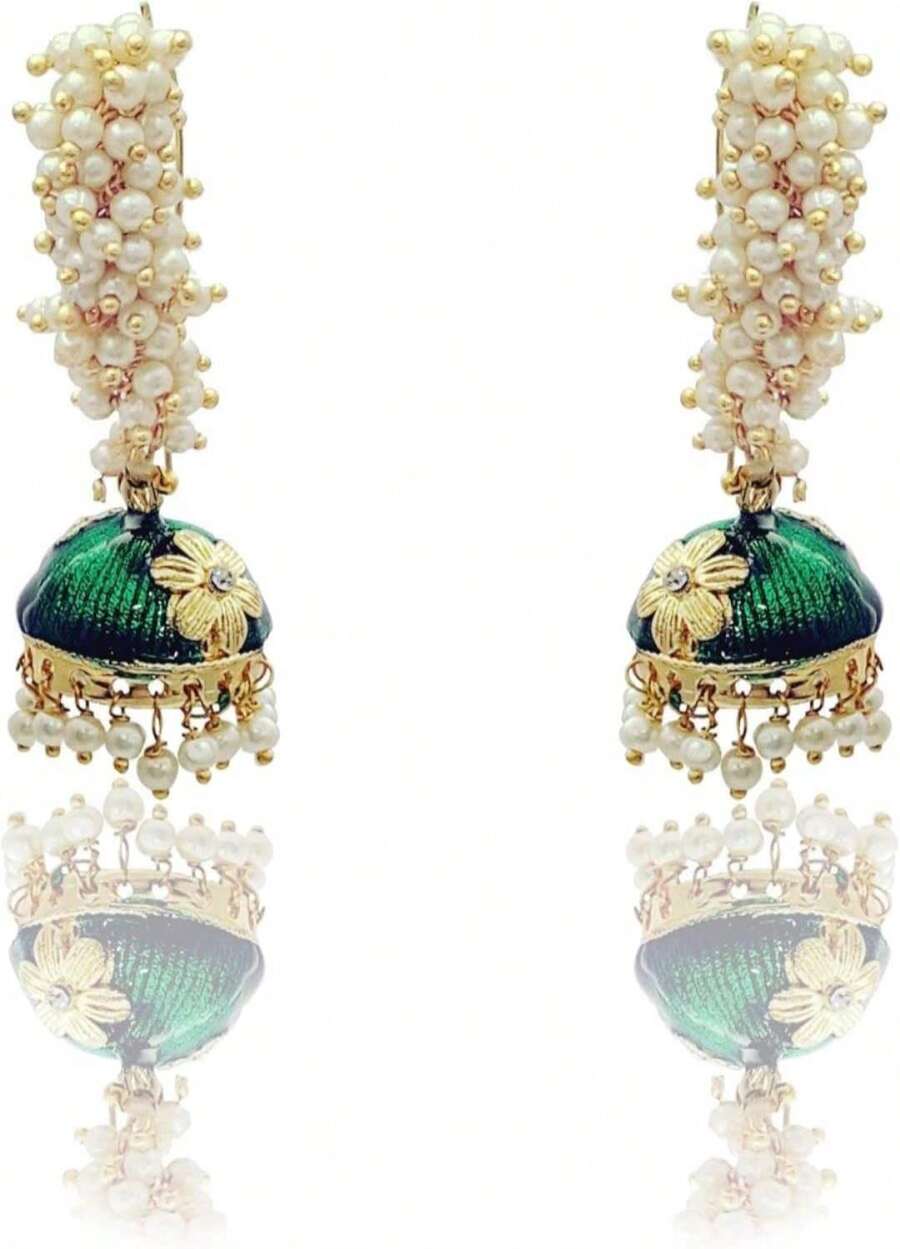 Moonstruck Golden Meenakari Jhumkas With White Pearls For Women (Green) - Colorb - View 1