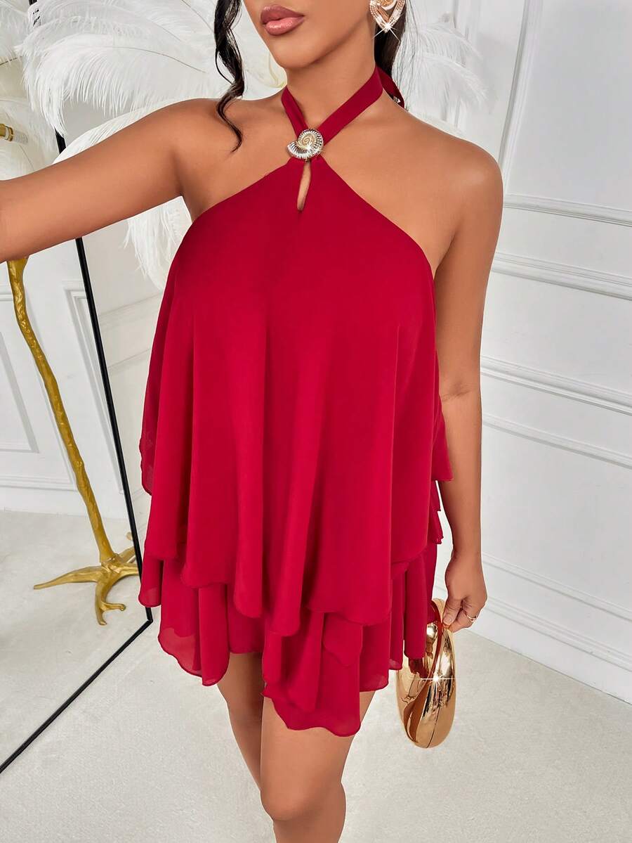 AIJ Amarilo Tiered Ruffled Cake Mini Dress - Summer Beach Vacation Dress For Daily Dates, Night Outings, Clubs, Parties, Gatherings, Cocktail Parties, Pool Parties & Festive Occasions - Red - View 1