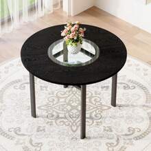 Modern Minimalist Round Dining Table, 100 Cm Diameter, Black Wood Grain On The Tabletop, Suitable For 2-4 People (With Grey Glass Insert And Metal Stability Frame). - Black - View 1