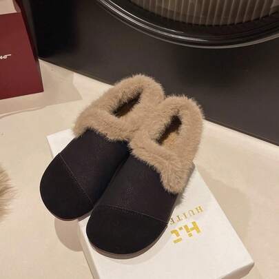 Zapatos de Piel Suave para Mujeres, Ropa de Exterior, Nuevo Estilo de Invierno 2025, Mocasines Retro de Moda Sin Cordones, Zapatos de Algodón  con Forro de Felpa