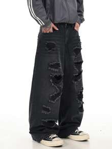 1件 Justice Brother 复古做旧破洞毛边牛仔裤，男士休闲宽松阔腿牛仔裤，嘻哈街头风 - 黑色 - 查看 3