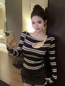 Slim Fit Retro Striped Long Sleeve Top, Stylish Hollow Out Slim Fit T-Shirt For Women - Royal Blue - View 9