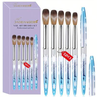 Christmas Style 5PCS Acrylic Nail Brush Set , Acrylic Nail Brushes For Acrylic Application, Blue Snow Acrylic Powder Brushes For Acrylic Nails Tool Set For Nail Extension & 3D Carving Christmas Present