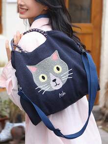 New Fashionable Minimalist Embroidered Cute Cat Versatile Large Capacity Women Tote Shoulder Bag - Multicolor - View 10