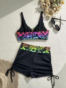 2pcs/Set Floral Print Twist Drawstring Tie Swimwear Beach Outfit, Summer Vacation - Multicolor - View 4