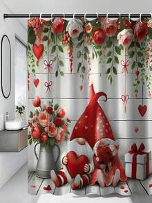 1/4 Piezas Conjunto de decoración del Día de San Valentín, con figuritas de gnomos en pareja con corazón, rosa y patrones florales. Esta adorable y romántica cortina de ducha roja y rosa es lavable, perfecta para la decoración del baño. Incluye 12 ganchos y una alfombra de baño antideslizante, así como una tapa de inodoro en forma de U, convirtiéndolo en un excelente regalo para los seres queridos. - Multicolor - Ver 21