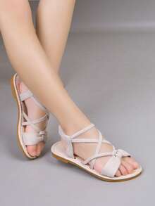 泰国手工编织凉鞋，女童鞋，天然橡胶波西米亚风夏季户外沙滩鞋，防滑 - 米色 - 查看 3