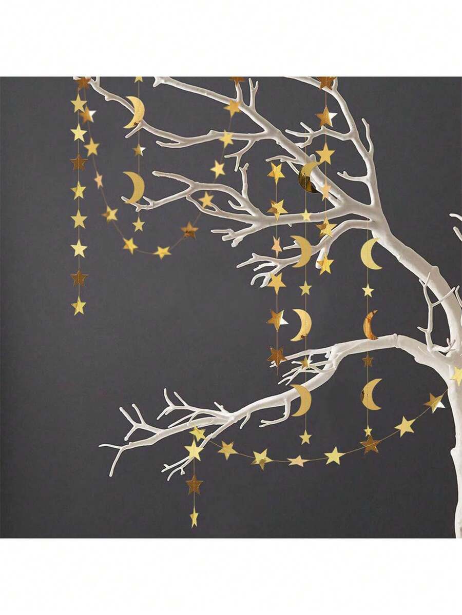 伊斯兰斋月和开斋节家居装饰 - 纸质花环，带图案，穆斯林宗教派对悬挂装饰，新月星花环，斋月礼物和伊斯兰节日装饰 - 金色 - 查看 1