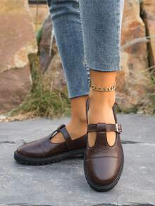 2026 春季英伦风女式真皮鞋，学生复古圆头套脚T字带厚底乐福鞋，通勤厚底粗跟玛丽珍鞋 - 棕色 - 查看 3