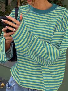 Women's Casual Top, Striped Color Block Ribbed Knit, Everyday Wear, Spring/Autumn - Teal - View 3