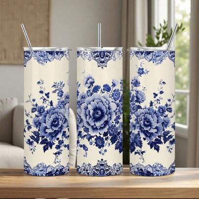 1pc Extra Large 20oz French-Inspired Chinoiserie Tumbler With Straw & Brush - Double-Wall Vacuum Insulated Cup, Leakproof, Elegant Blue & White Floral Design (Navy/Beige) - Vintage French Balcony, Tea, Coffee, Smoothies - Ideal Gift For Home Decor & Travel - Stainless Steel Cup For Hot/Cold Drinks, Chinoiserie Style, Includes Straw & Brush, Leak-Proof