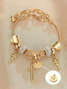 1pc European & American Fashion Letter, Heart, Cross, Flower Ring, Metallic Bead Bracelet, Cross Pendant Necklace For Women - Multicolor - View 27