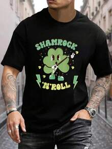 100% Cotton Shamrock N' Roll Playing Guitars St Patrick's Day Irish T-Shirt Women's Men's Graphic Tee Black Crew Neck T-Shirt Short Sleeve Summer Tee Tops - 黑色 - 查看 1