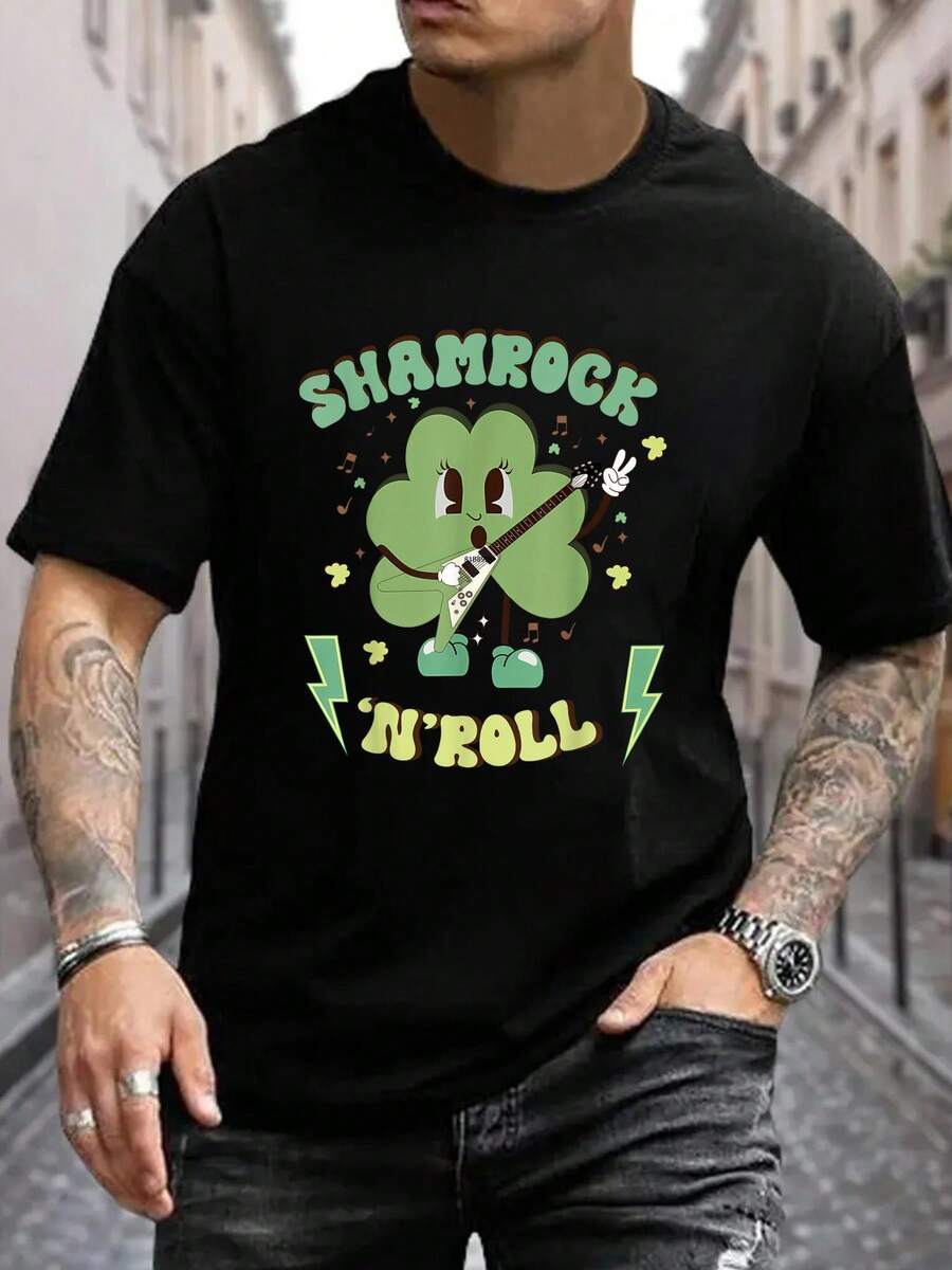 100% Cotton Shamrock N' Roll Playing Guitars St Patrick's Day Irish T-Shirt Women's Men's Graphic Tee Black Crew Neck T-Shirt Short Sleeve Summer Tee Tops - 黑色 - 查看 1