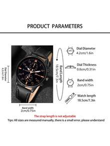 2pcs/Set Minimalist Casual Men's Quartz Watch Set, All-Black Design (Includes 1 Leather Strap Quartz Watch And 1 Black Chain Bracelet). Featuring An All-Black Design, Multi-Function Chronograph Dial, Comfortable Leather Strap, And A Simple Yet Fashionable Chain Bracelet. The Overall Style Is Steady And Capable, Showcasing The Charm Of A Gentleman. - Black - View 3