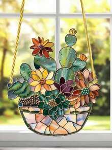 彩色玻璃仙人掌篮挂饰，适用于窗户和家居装饰 - 彩色 - 查看 2