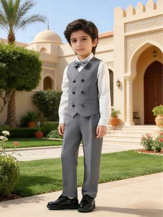 Young Boy Performance Costume Suit Boy's Dress Flower Girl Wedding Dress Young Boy Banquet Dress Three Pieces Suit (Vest + Trousers + Bow Tie)