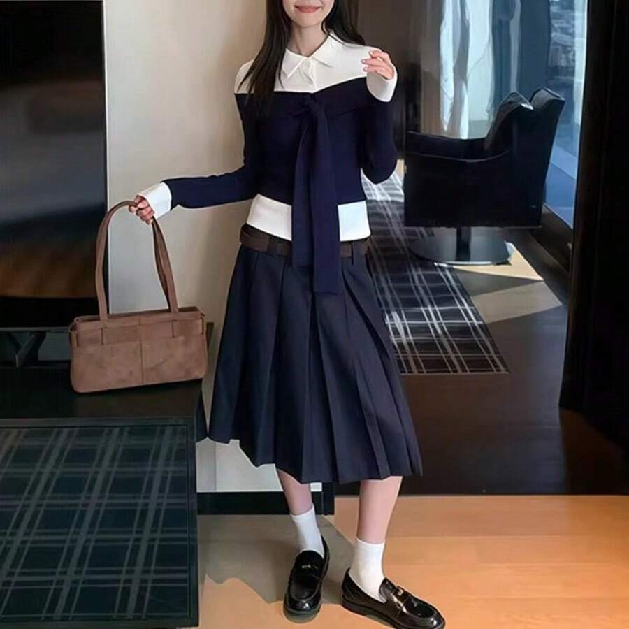 ملابس علوية أنيق للنساء، بياقة بولو ذو ألوان متباينة، أزرار وربطة، أكمام طويلة، ملابس علوية أنيقة للنساء، قمصان كاجوال عصرية للشتاء