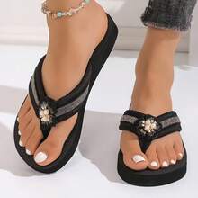 Women's Ruffle Double Flower Flip Flops, Thick Sole Outdoor Thong Sandals - Black - View 3