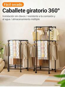 Tendedero sencillo para uso doméstico: tendedero de suelo para dormitorio o balcón, con barra de secado multiángulo de gran capacidad y perchero multifuncional reforzado Tendedero hexagonal giratorio multifuncional fácil de instalar, tendedero para colgar y perchero. - Negro - Ver 5