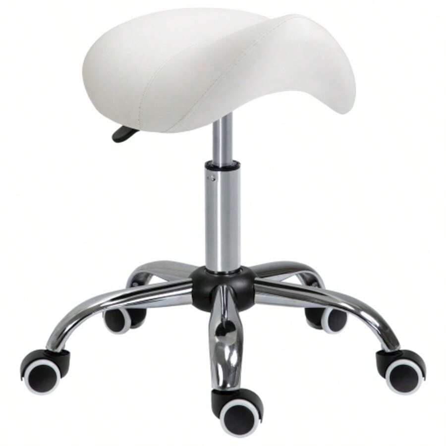 HOMCOM Rolling Stool, Swivel Stool, Height Adjustable, White Padded Saddle Stool For Office And Home