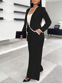 AIJ Amarilo Women's New V-Neck Asymmetric Hem Single-Breasted Contrast Trim Blazer & Wide Leg Pants Set – Elegant Office Wear, Ideal For Valentine's Day Date - Black and White - View 6