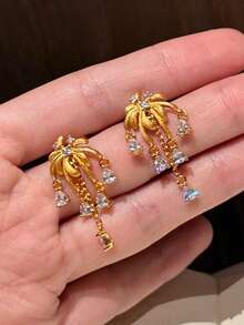 1件时尚奢华立方氧化锆闪亮流苏耳环，独特创意优雅复古魅力耳环，适合女性日常佩戴 - 金色 - 查看 7