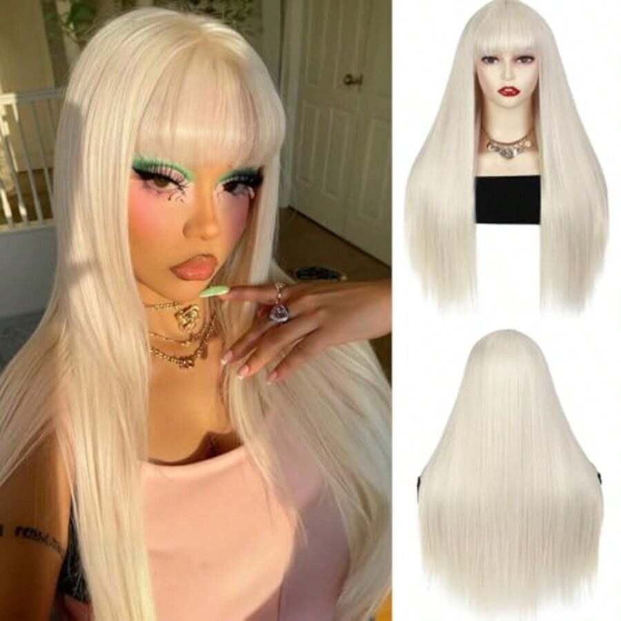 D613 Blonde Long Straight Wig With Bangs Light Blonde Silky Straight Hair Wigs For Women 28 Inch Synthetic Heat Resistant Fiber Wig For Cosplay Daily Party Use - 0Blonde - View 1