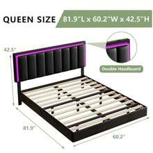 Floating Bed Frame With LED Light, Upholstered Platform Bed With PU Leather, Noise-Free, Easy Assembly, Full/ Queen/ King, Black/ White ( USB LED Strip) - 黑色 - 查看 7