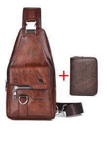 2pcs/1pc Sling Bag, Shoulder Bag, Men's Handbag, Wallet, Card Holder, Waist Bag, Chest Bag, Student Bag, Made Of PU Material, Large Pockets, High Capacity, With Earphone Jack, Casual & Simple Design, Fashion Bag, Commuter Bag, New Business Men's Bag, Weekend Overnight Bag, Suitable For Business Travel, Shopping, Sports, School Commute, Great Gift For Friends And Family Phone Bag - Burgundy - View 3