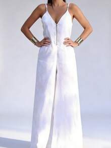 女式无袖 V 领吊带半襟 A 字形口袋阔腿休闲连体裤，春夏季 - 白色 - 查看 4
