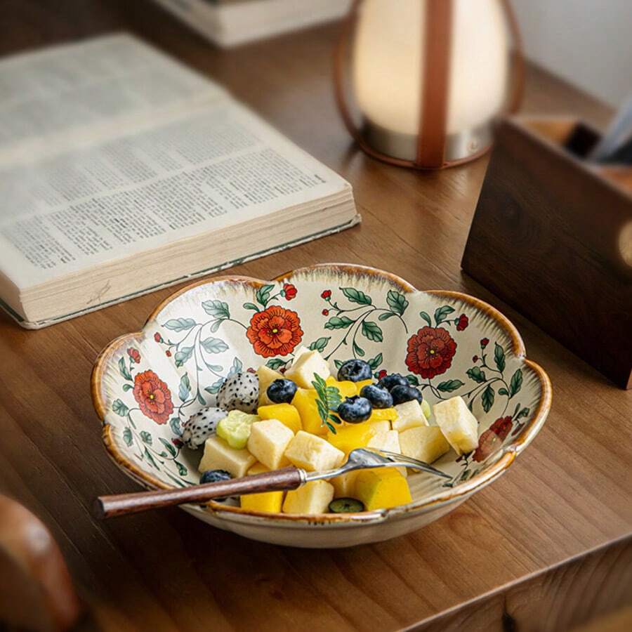 1 Stück wunderschöne blumenförmige 23 cm chinesische Keramikschüssel, große Servierschüssel für Restaurant, Salatschüssel, Obstschüssel - Verschiedenfarbig - Übersicht 1