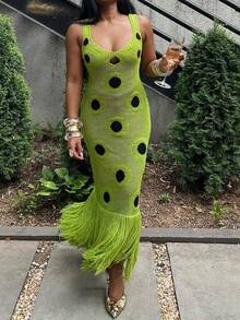 Women's Fashionable Sexy Sleeveless Polka Dot Printed Cut-Out Slim Fit Dress For Spring Summer And Autumn Greendress Long Knitted Skirt V-Neck Strap Top Sweater Elegant Waist Cinched Bodycon Dress Gift For Mom Valentine's Day Graduation Party - màu xanh lá - Xem 7