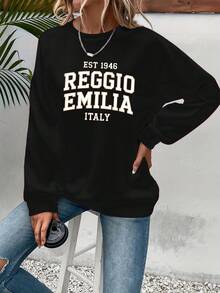 Women'S Reggio Emilia Italy Collegiate Sweatshirt - Non-Stretch Crewneck Pullover With EST. 1946, Black & Golden Accent - Fall/Winter Sweater Everyday & Formal Outfits - Italian Cultural Apparel, Winter Clothing, Geometric Pattern, Quality Stitching, Stylish Top, Fashion Enthusiasts, Fall Fashion, Durable Material, College Winter Clothes Women - 黑色 - 查看 6