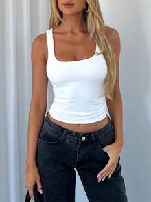 2pcs Women'S Sleeveless Strappy Tank Square Neck Double Layer Workout Fitness Casual Basic Crop Tops, Suitable For Sweet And Cool Styling, Soft And Wrinkle-Resistant - Trắng và xanh lá cây - Xem 5