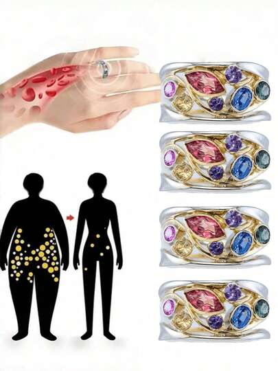 1pc Fashion Crystal Quartz Ion Ring, Therapeutic, Slimming, Lymphatic Drainage, Magnetic Multi-Color Simple Jewelry