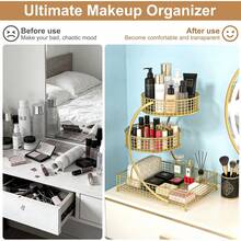 Extra Large Cosmetic Storage Rack, 3-Layer Large Capacity, Polished Metal, No Installation Required, Bathroom Storage Rack, For Countertops, Bathroom Countertops, Dressing Table Countertops - Gold - View 3
