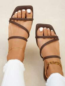 planare Women's Fashion Casual Vacation Style Square Toe Floral Print Slip-On Comfortable Summer Black Flat Sandals (Irregular Pattern) - Coffee Brown - View 3