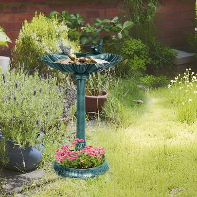  Outsunny 81cm Tall Bird Bath With 2 Decorative Birds, Vintage Style Birdbath With Flower Planter Base, Bird Bath Bowl For Garden, Green