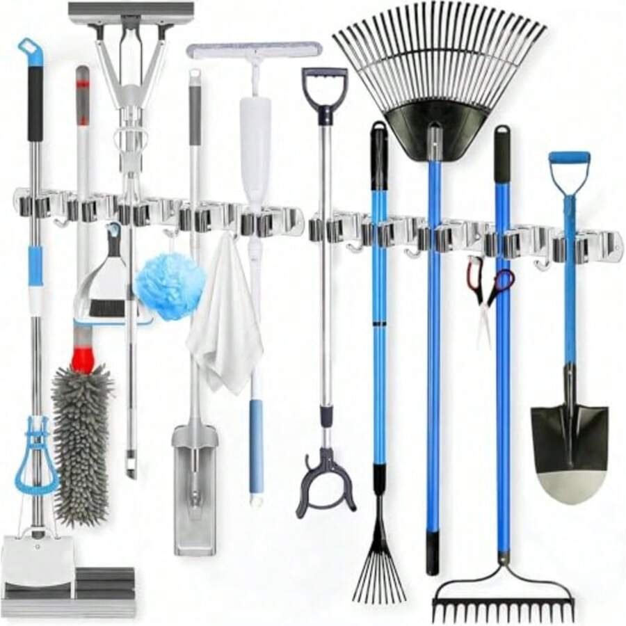 CYPNOrganizador de pared con 5 estantes y 4 ganchos para escobas y trapeadores - Estante de almacenamiento para garaje ganchos de acero inoxidable extra resistentes. holder-metallic-1pcFashion - 222686333 - Ver 1