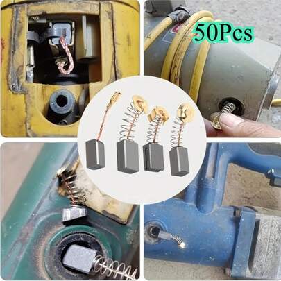Bộ 50 chổi than thay thế chịu tải nặng, bộ chổi than kết hợp, đế kim loại, thích hợp cho máy khoan, máy chà nhám, máy mài và động cơ - Bộ phụ tùng sửa chữa động cơ, bảng kích thước chính xác, tương thích với các dụng cụ điện gia dụng (máy mài góc / máy khoan va đập / máy khoan điện / máy cưa búa) - Phụ tùng sửa chữa và thay thế, món quà mùa xuân hoàn hảo.