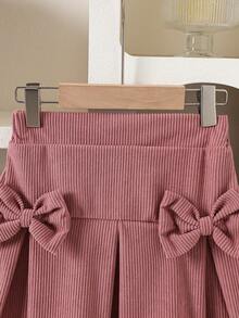 Girls' Sweet Bow Knit Set, White Ruffle Sleeve Top Paired With Pink Pleated Skirt, Adorable 2-Piece Outfit, Suitable For Young Girls - Dusty Pink - View 7