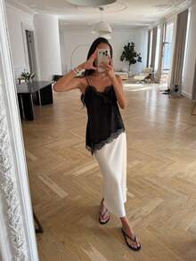 Satin & Lace Asymmetric Backless Camisole For Women Black Summer - Black - View 4