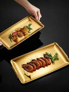 1个不锈钢韩式烧烤托盘，可作餐盘、烤盘、食物托盘、派对托盘、甜点托盘、蛋糕托盘、水果托盘、零食托盘、厨房用品、圣诞礼物 - 金色 - 查看 1