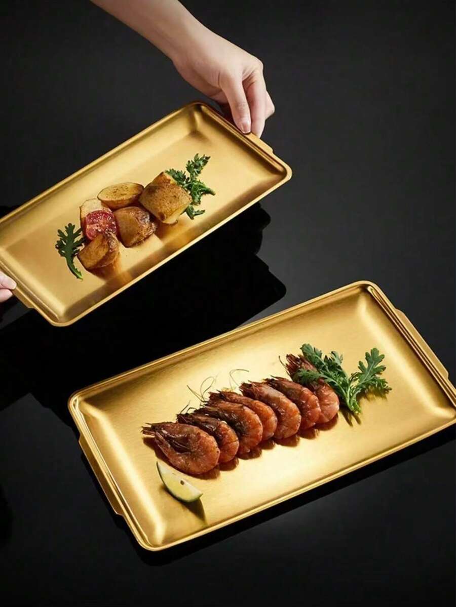 1个不锈钢韩式烧烤托盘，可作餐盘、烤盘、食物托盘、派对托盘、甜点托盘、蛋糕托盘、水果托盘、零食托盘、厨房用品、圣诞礼物 - 金色 - 查看 1