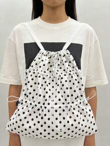 2026新款时尚银色抽绳背包，轻便大容量女士背包，波点抽绳包，适合休闲、运动、购物 - 黑與白 - 查看 7