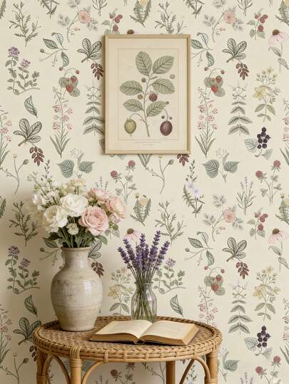 1pc Beige Floral & Leaf Self-Adhesive Wallpaper, Removable Wall Sticker, Elegant Botanical Wall Art, Home Decor, Instant Refresh For Living Space, Rama Decorative Sticker - Perfect Gift For Birthday And Graduation