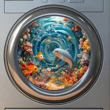 1pc Underwater World Dolphin And Coral Reef Fish Washing Machine Sticker, Removable Self-Adhesive Waterproof PVC Marine Life Wall Decal, Suitable For Bathrooms, Balconies, And Washing Machine Background Walls, 2D Flat Design. - Multicolor - View 2